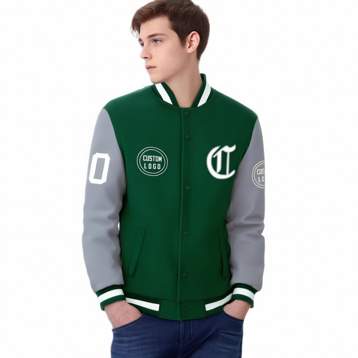 Custom Green Gray Bomber Full-Snap Varsity Letterman Two Tone Jacket