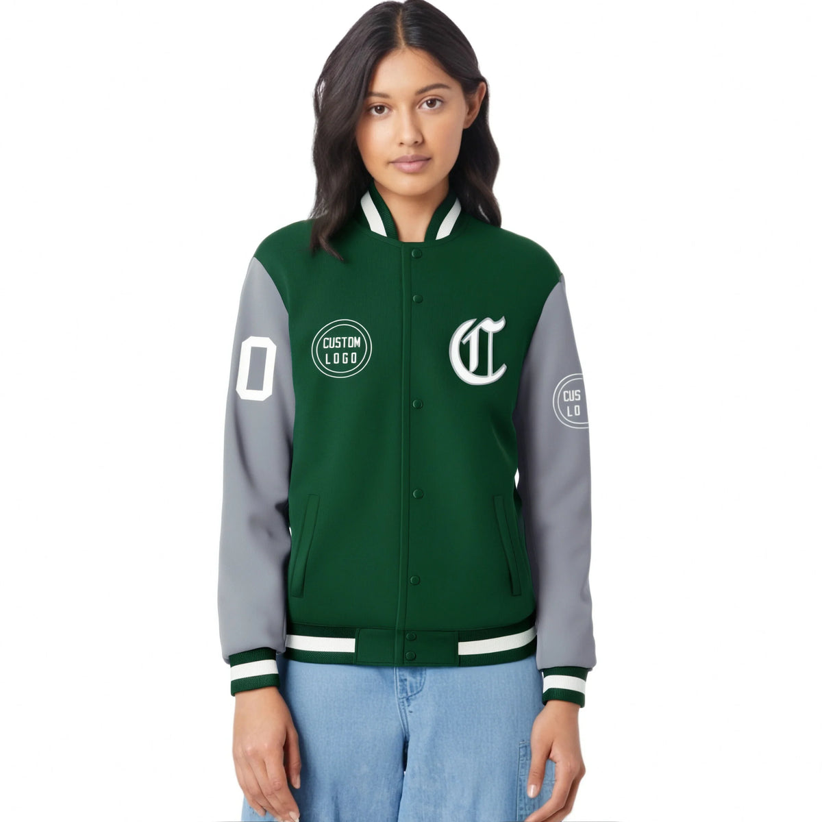 Custom Green Gray Bomber Full-Snap Varsity Letterman Two Tone Jacket