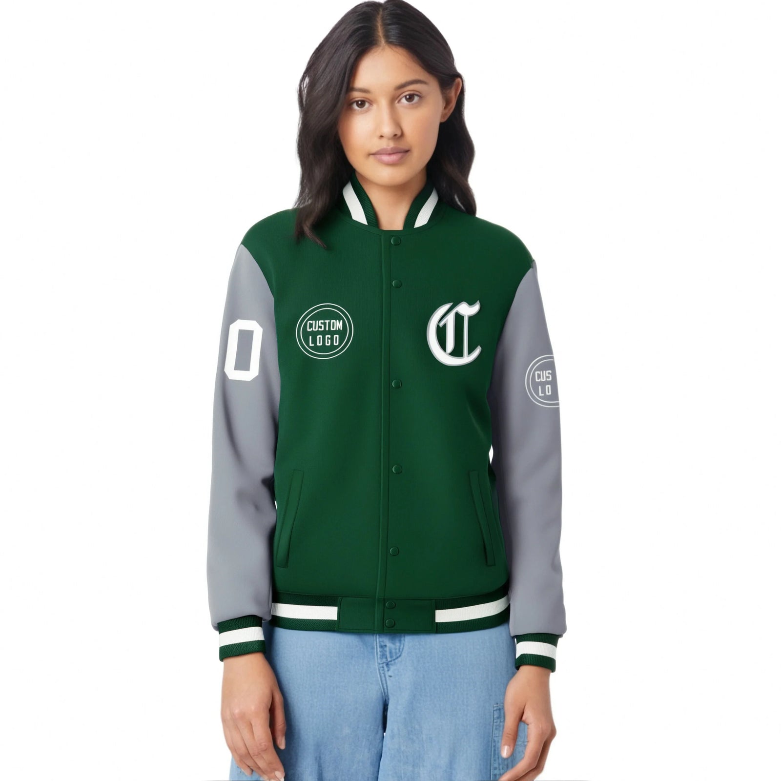 Custom Green Gray Bomber Full-Snap Varsity Letterman Two Tone Jacket