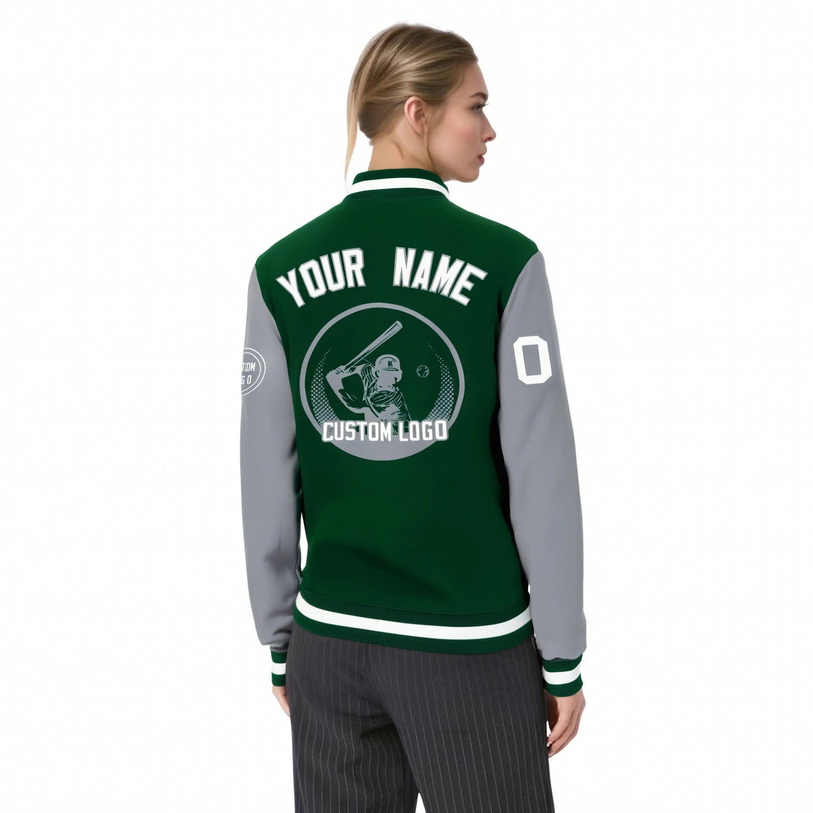 Custom Green Gray Bomber Full-Snap Varsity Letterman Two Tone Jacket