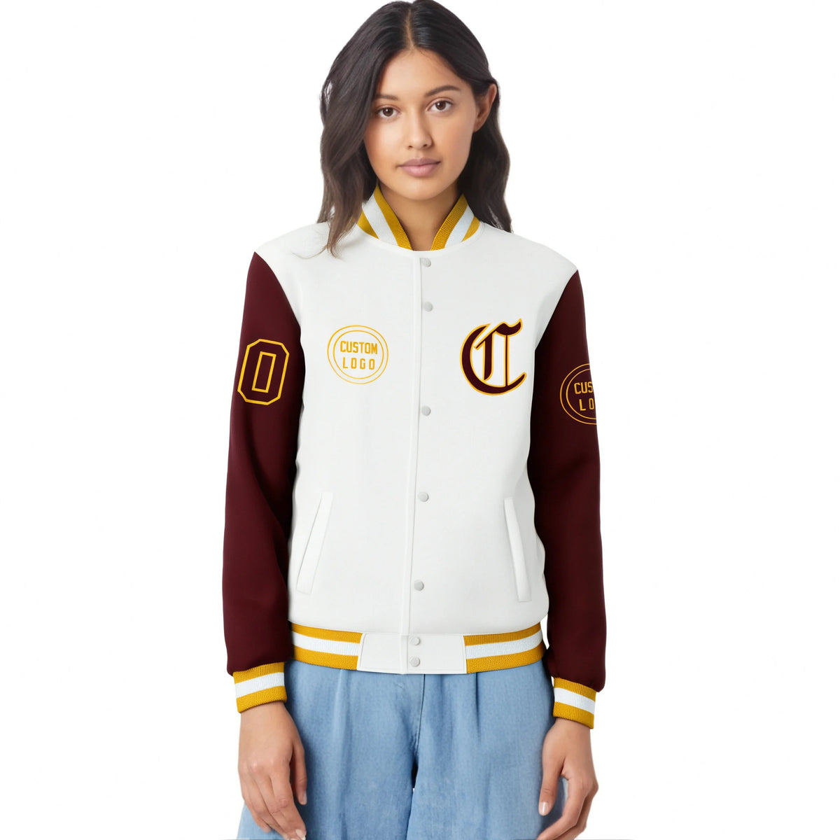 Custom White Crimson Bomber Full-Snap Varsity Letterman Two Tone Jacket