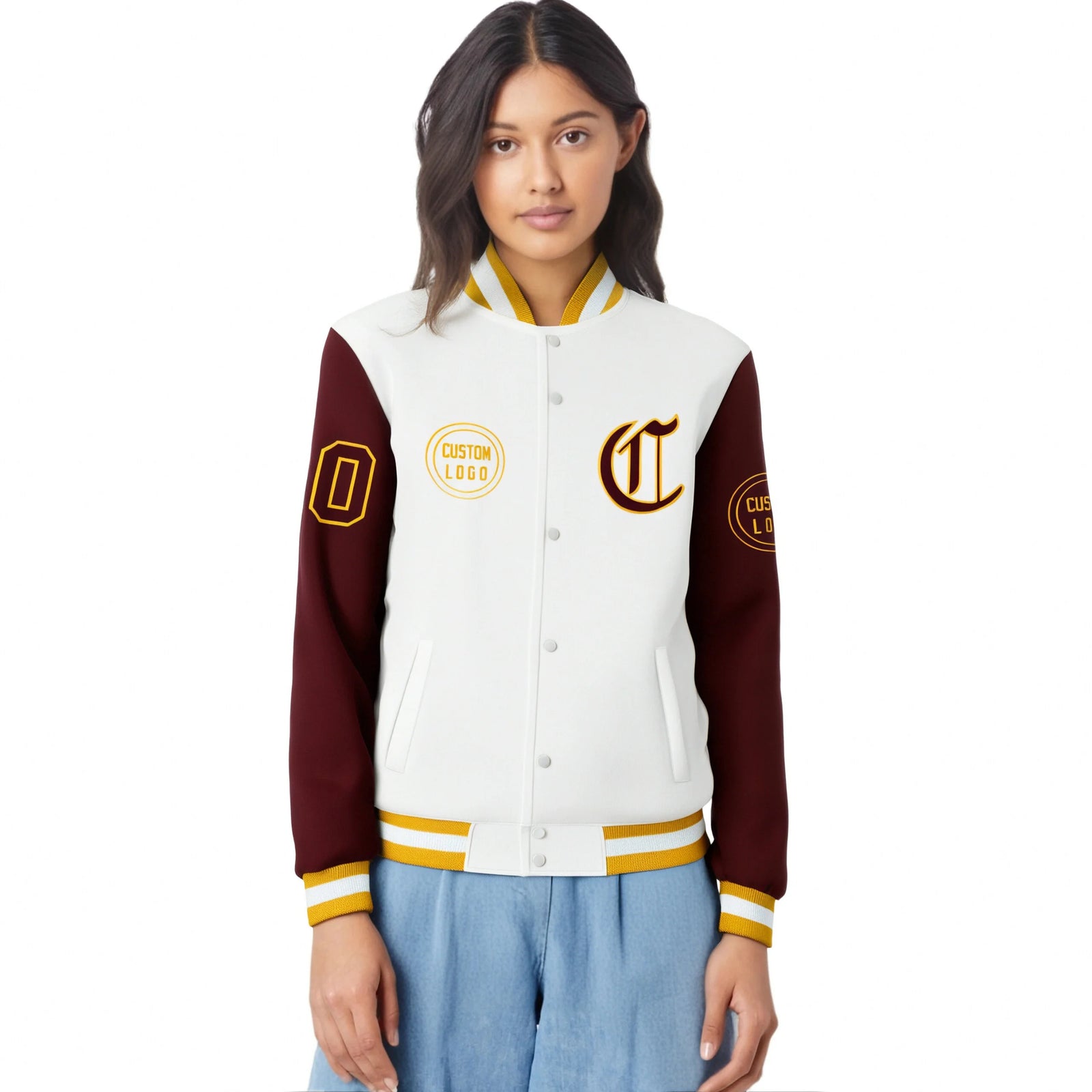 Custom White Crimson Bomber Full-Snap Varsity Letterman Two Tone Jacket