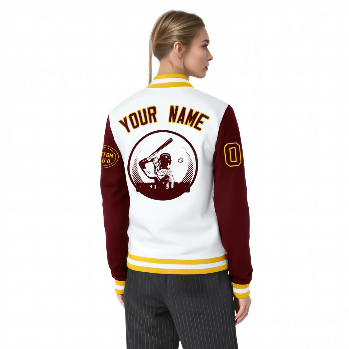 Custom White Crimson Bomber Full-Snap Varsity Letterman Two Tone Jacket