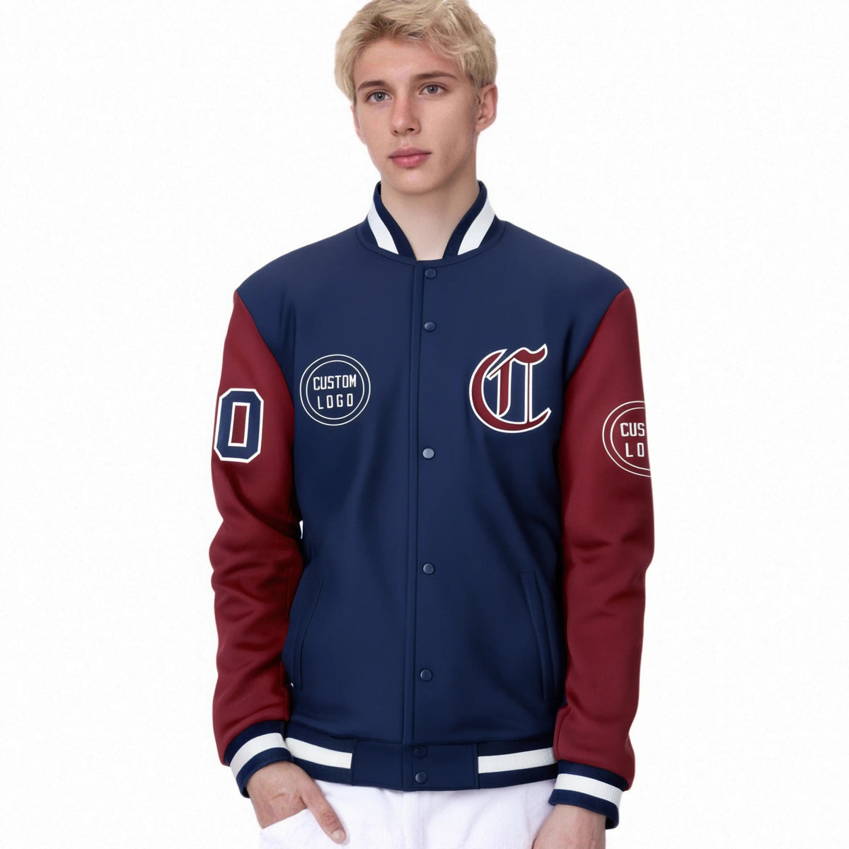 Custom Navy Crimson Bomber Full-Snap Varsity Letterman Two Tone Jacket