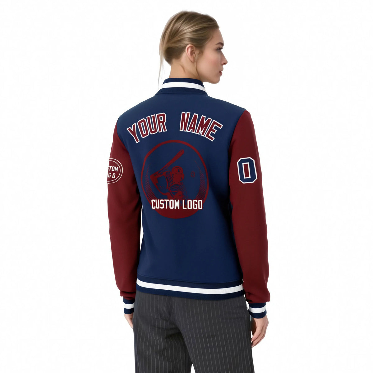 Custom Navy Crimson Bomber Full-Snap Varsity Letterman Two Tone Jacket