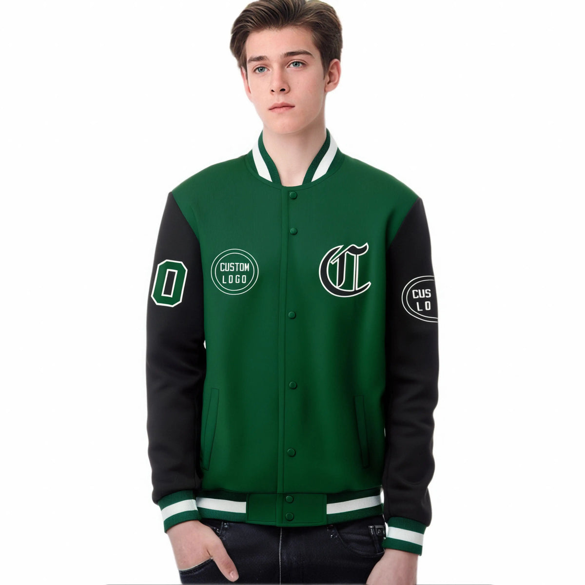 Custom Green Black Bomber Full-Snap Varsity Letterman Two Tone Jacket