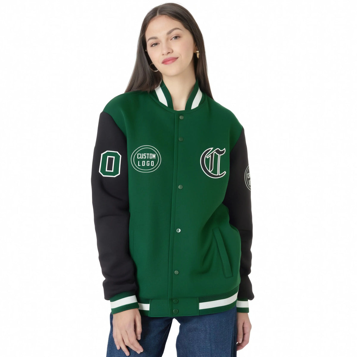 Custom Green Black Bomber Full-Snap Varsity Letterman Two Tone Jacket