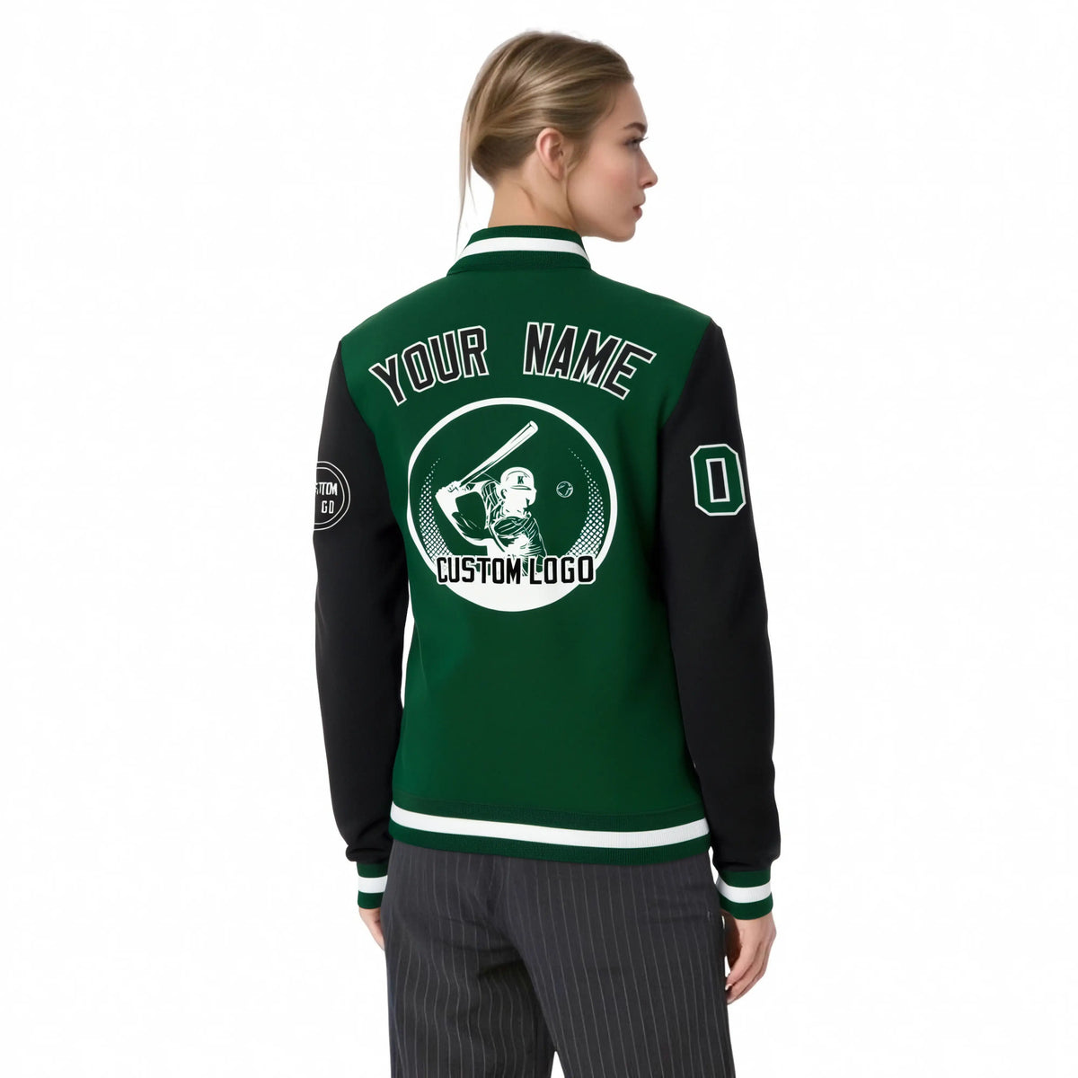 Custom Green Black Bomber Full-Snap Varsity Letterman Two Tone Jacket