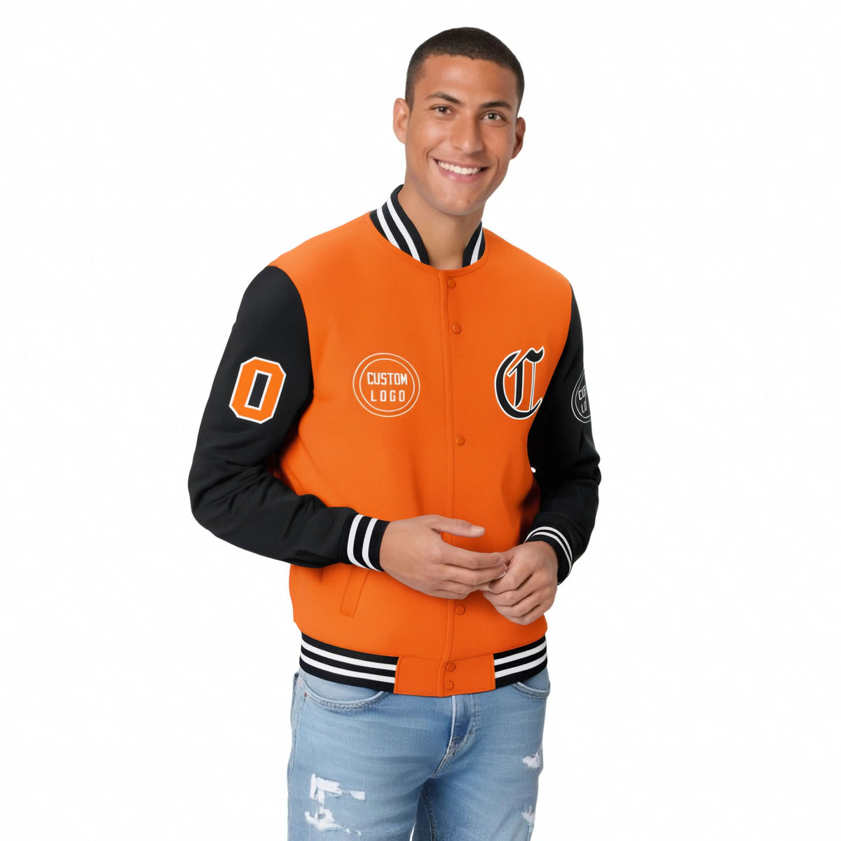 Custom Orange Black Bomber Full-Snap Varsity Letterman Two Tone Jacket