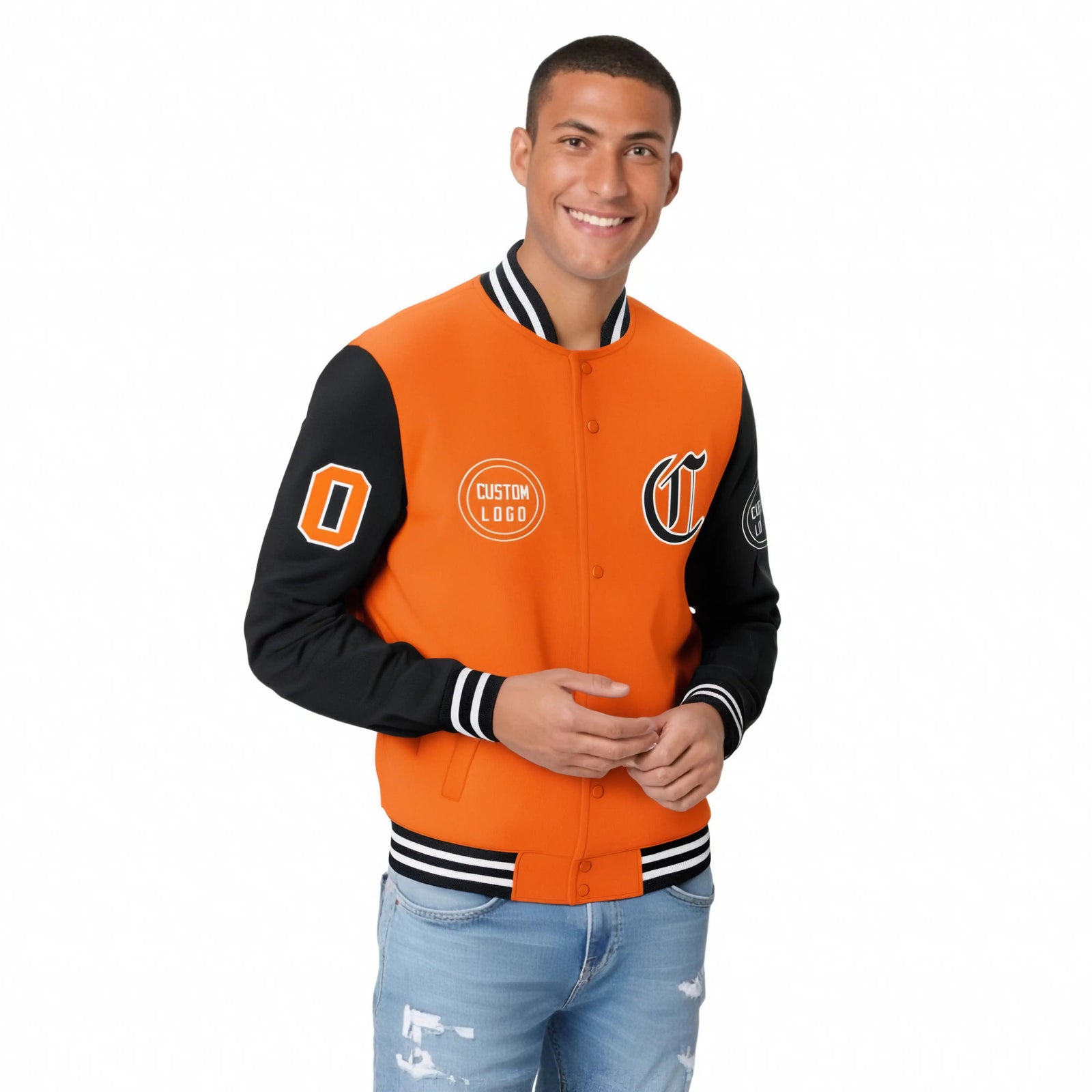 Custom Orange Black Bomber Full-Snap Varsity Letterman Two Tone Jacket