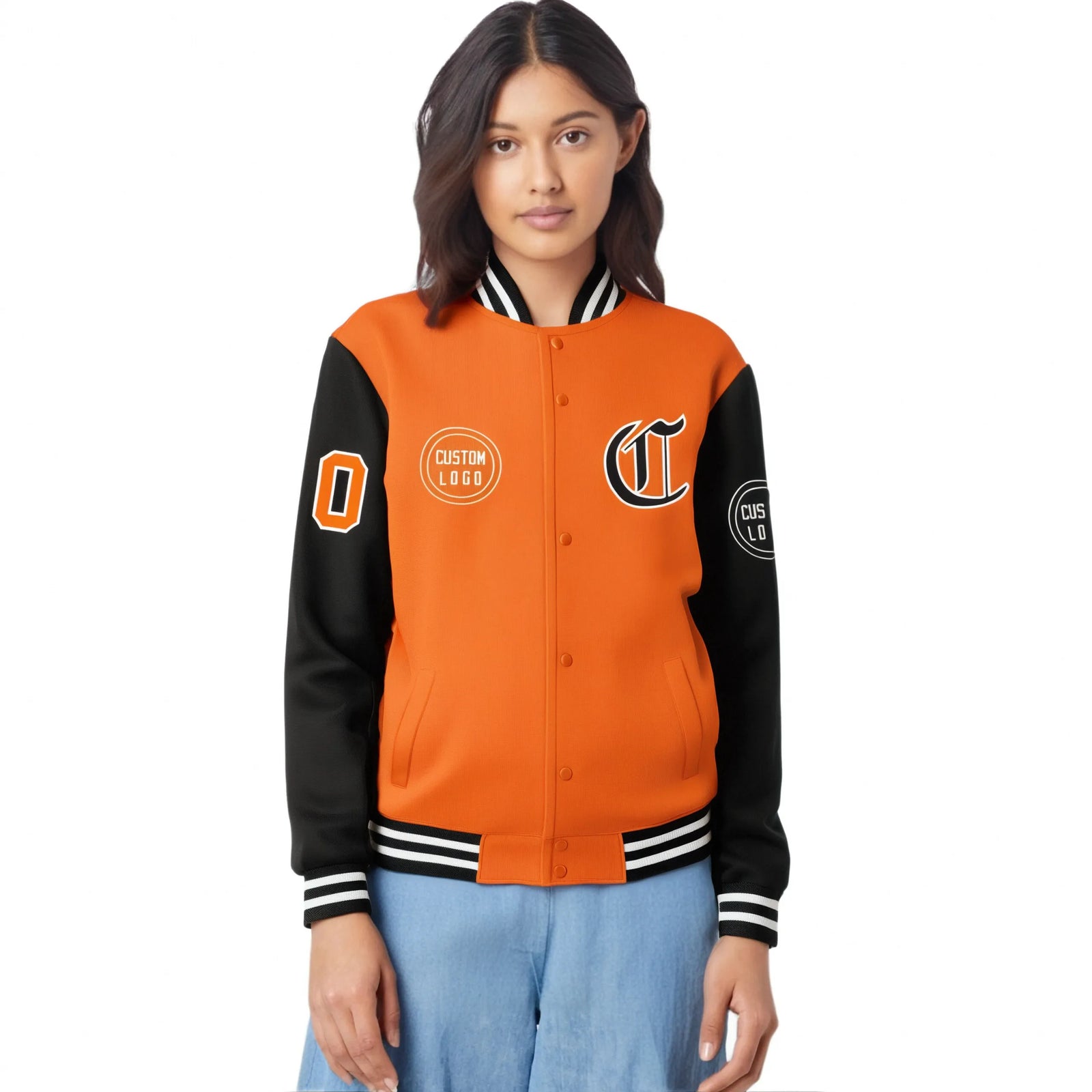 Custom Orange Black Bomber Full-Snap Varsity Letterman Two Tone Jacket
