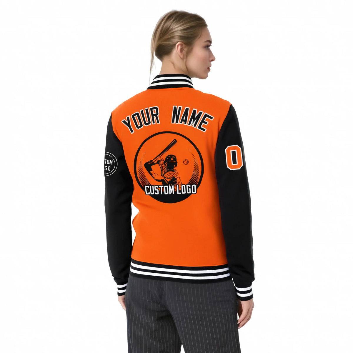 Custom Orange Black Bomber Full-Snap Varsity Letterman Two Tone Jacket