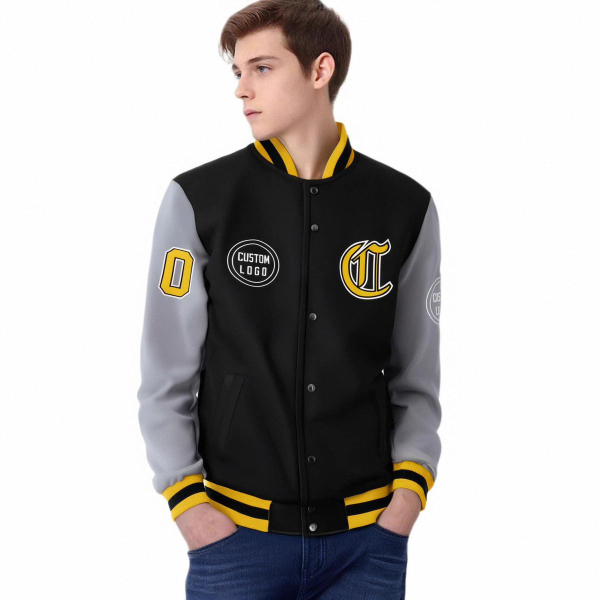 Custom Black Gray Bomber Full-Snap Varsity Letterman Two Tone Jacket