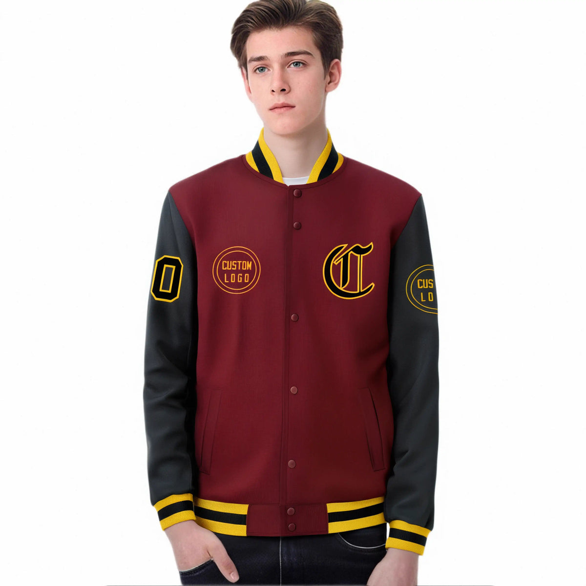 Custom Crimson Black Bomber Full-Snap Varsity Letterman Two Tone Jacket