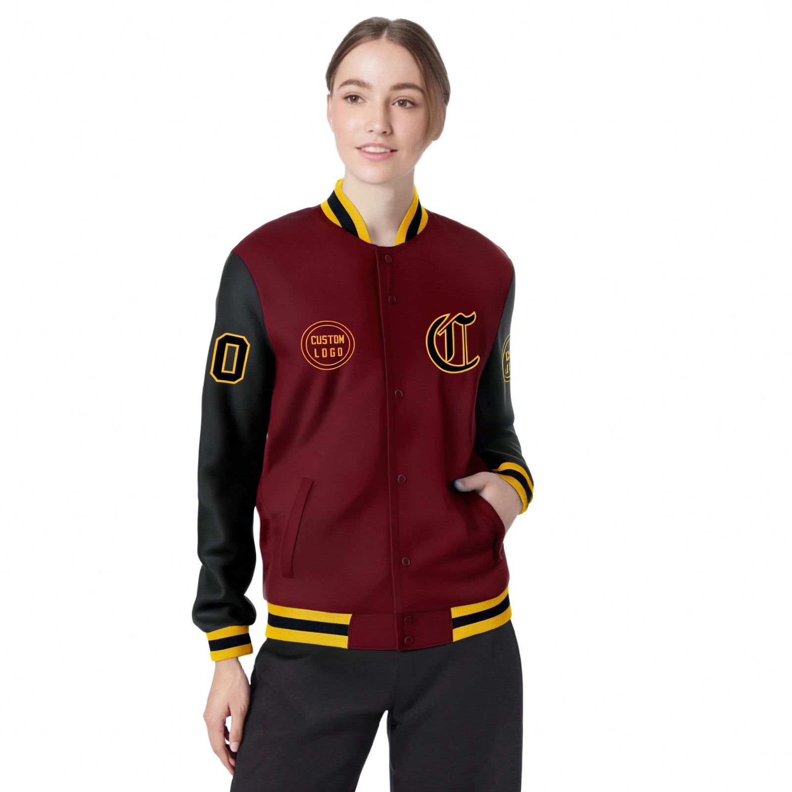 Custom Crimson Black Bomber Full-Snap Varsity Letterman Two Tone Jacket