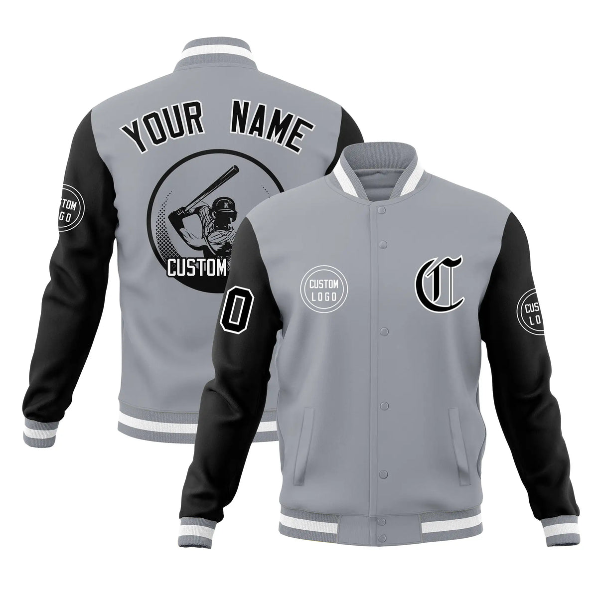 Custom Gray Black Bomber Full-Snap Varsity Letterman Two Tone Jacket