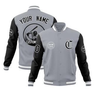 Chaqueta universitaria bicolor con cierre de presión, estilo bomber, gris y negro, personalizada