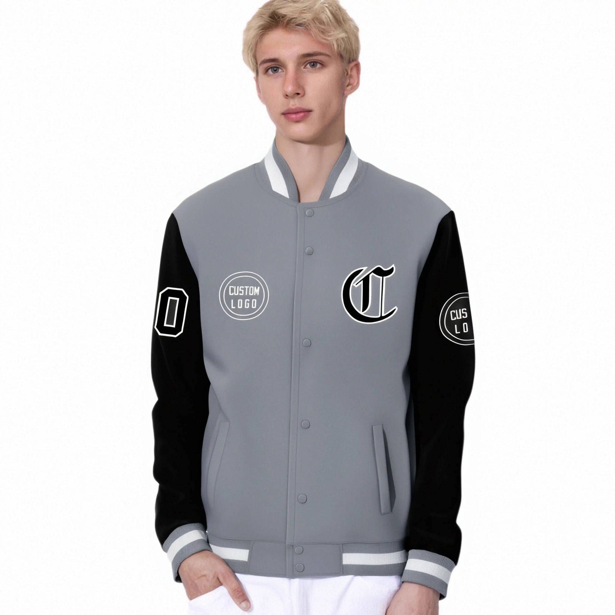 Custom Gray Black Bomber Full-Snap Varsity Letterman Two Tone Jacket