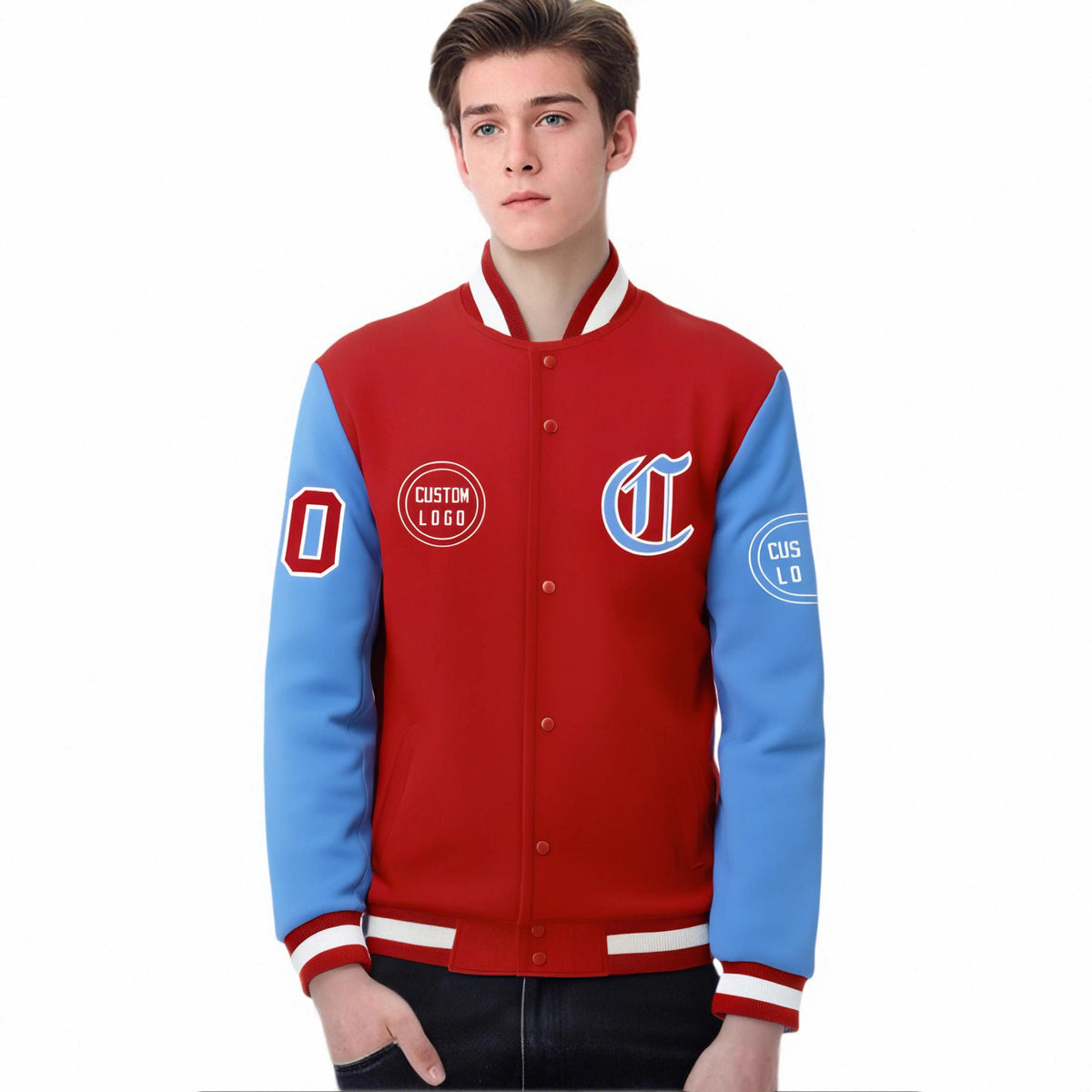 Custom Red Powder Blue Bomber Full-Snap Varsity Letterman Two Tone Jacket