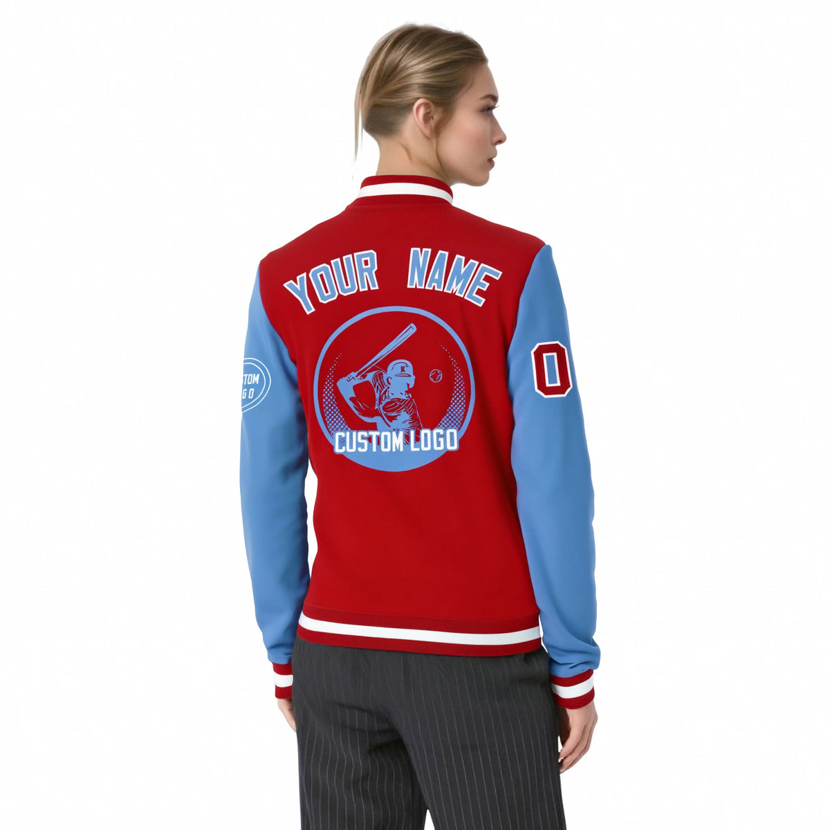 Custom Red Powder Blue Bomber Full-Snap Varsity Letterman Two Tone Jacket