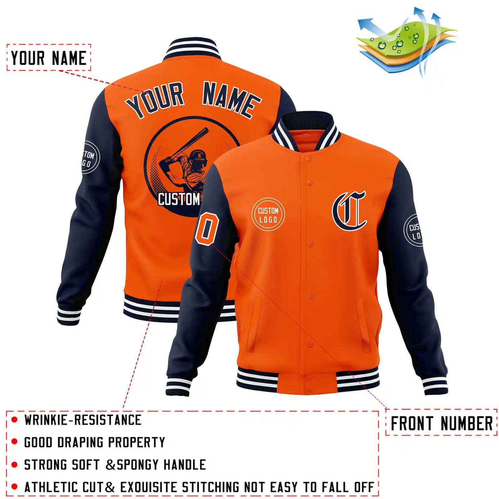Custom Orange Navy Bomber Full-Snap Varsity Letterman Two Tone Jacket