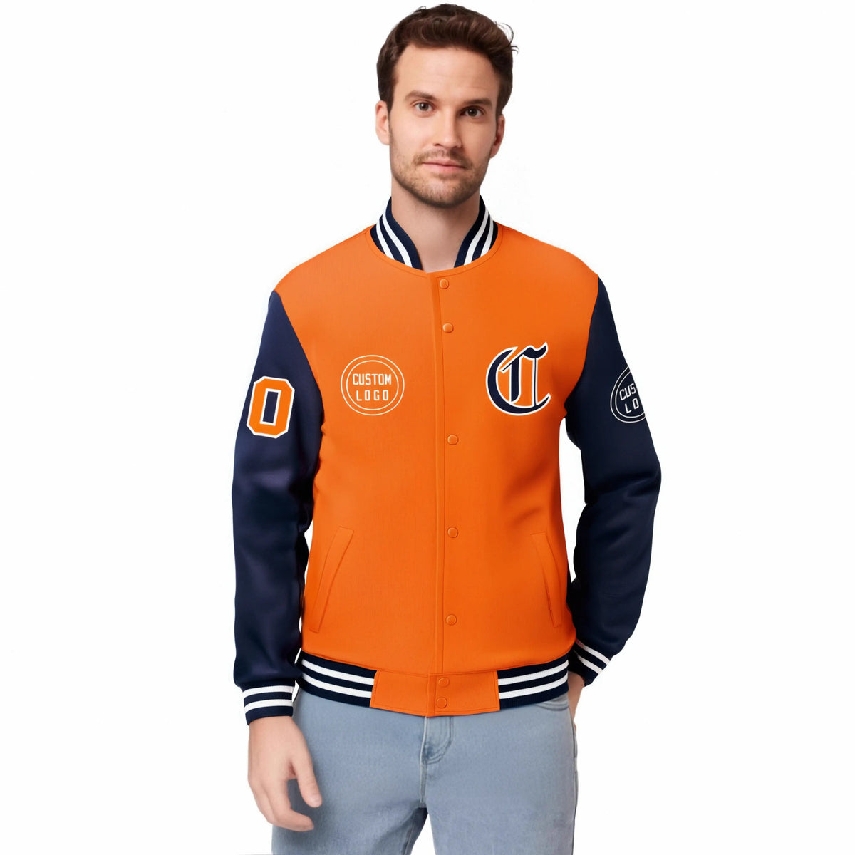 Custom Orange Navy Bomber Full-Snap Varsity Letterman Two Tone Jacket