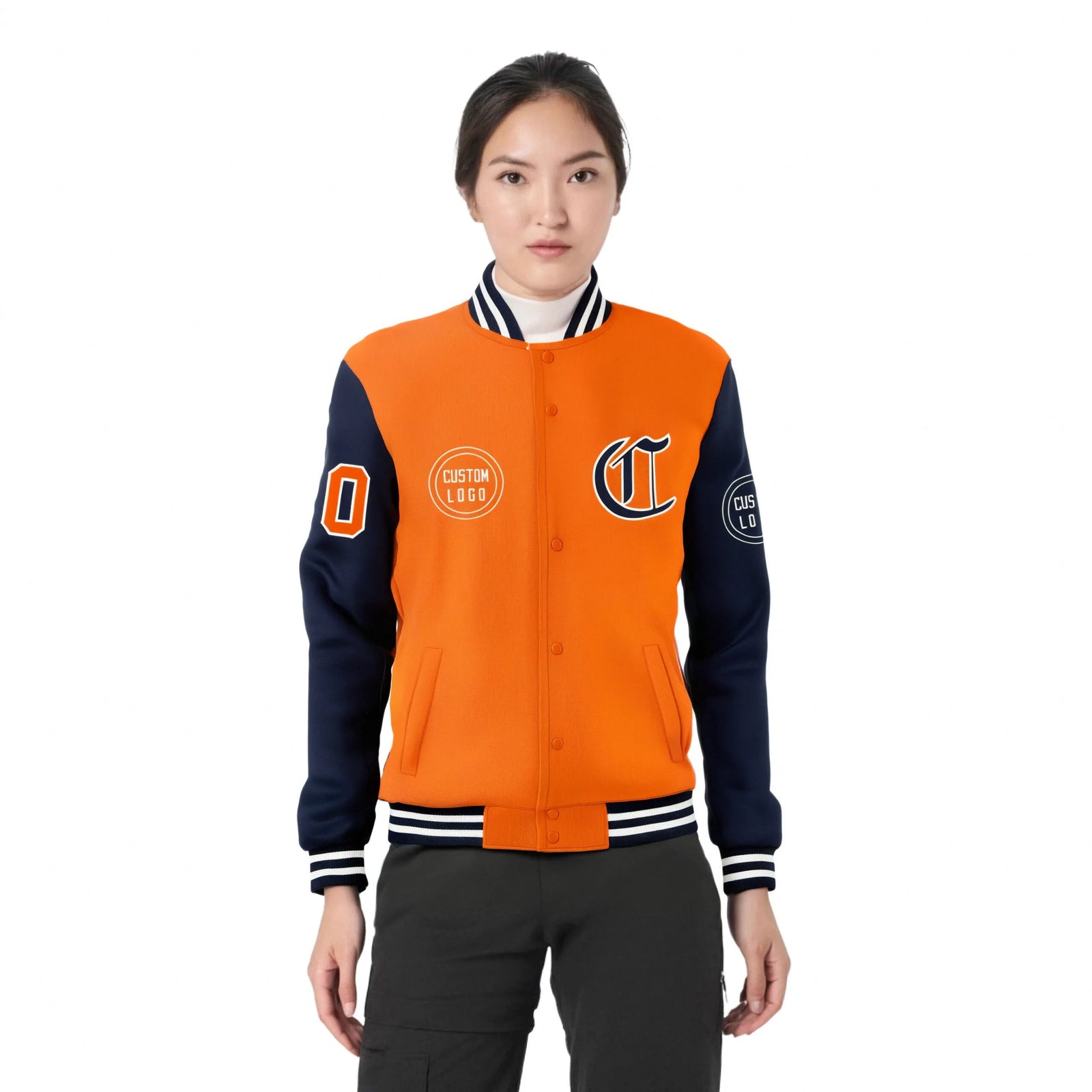 Custom Orange Navy Bomber Full-Snap Varsity Letterman Two Tone Jacket