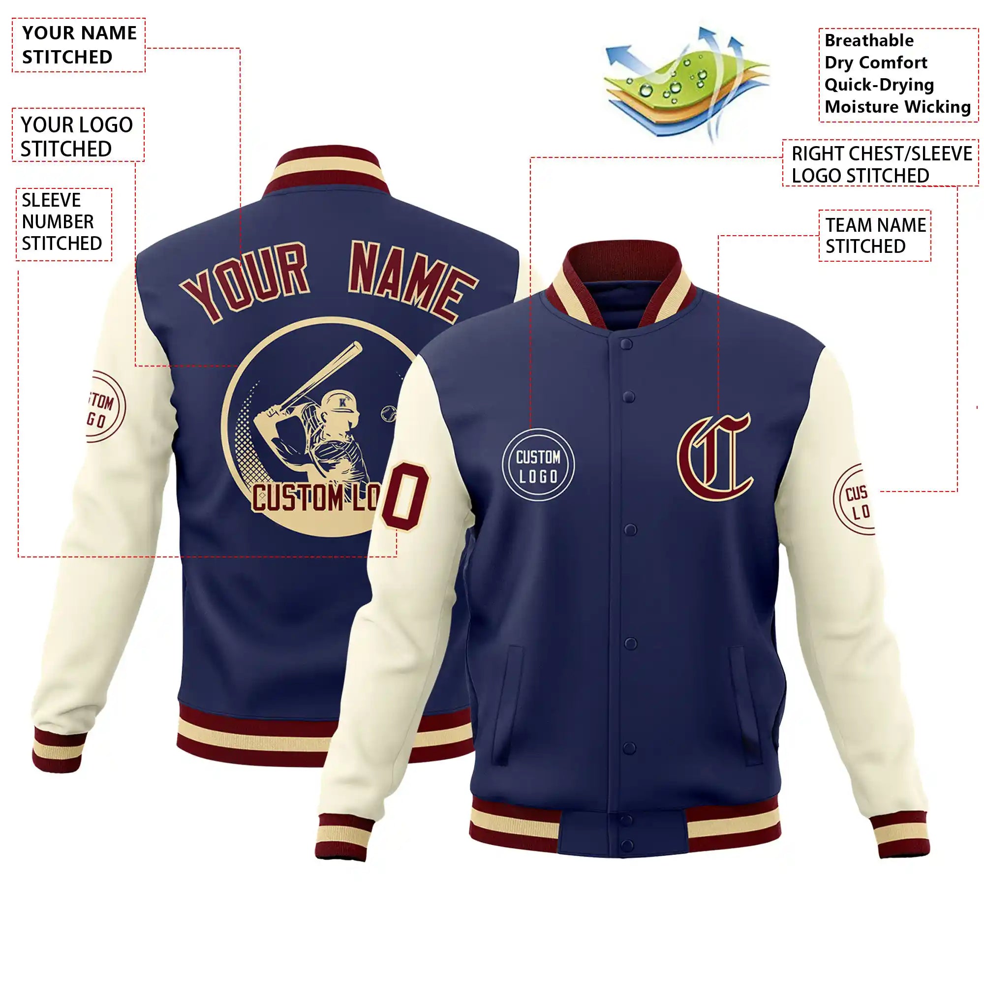 Custom Navy Cream Bomber Full-Snap Varsity Letterman Two Tone Jacket