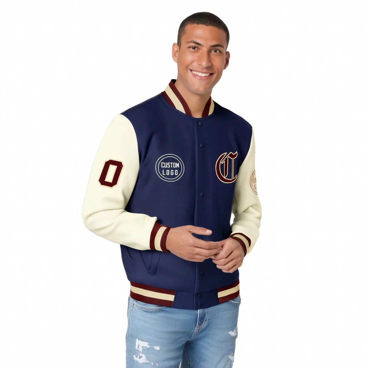 Custom Navy Cream Bomber Full-Snap Varsity Letterman Two Tone Jacket