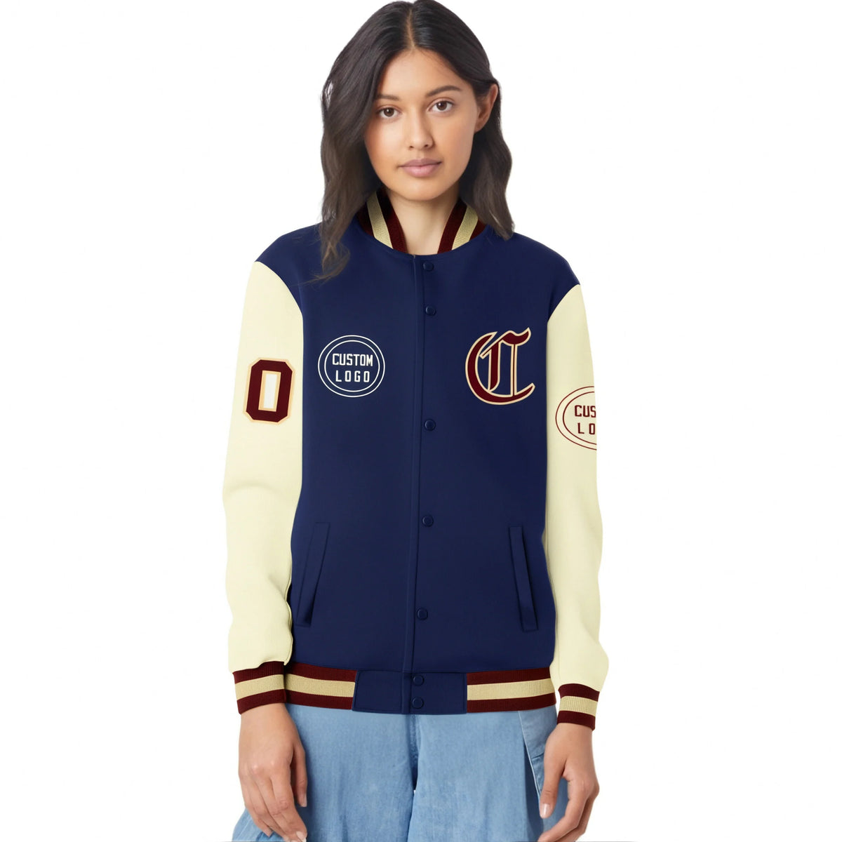 Custom Navy Cream Bomber Full-Snap Varsity Letterman Two Tone Jacket
