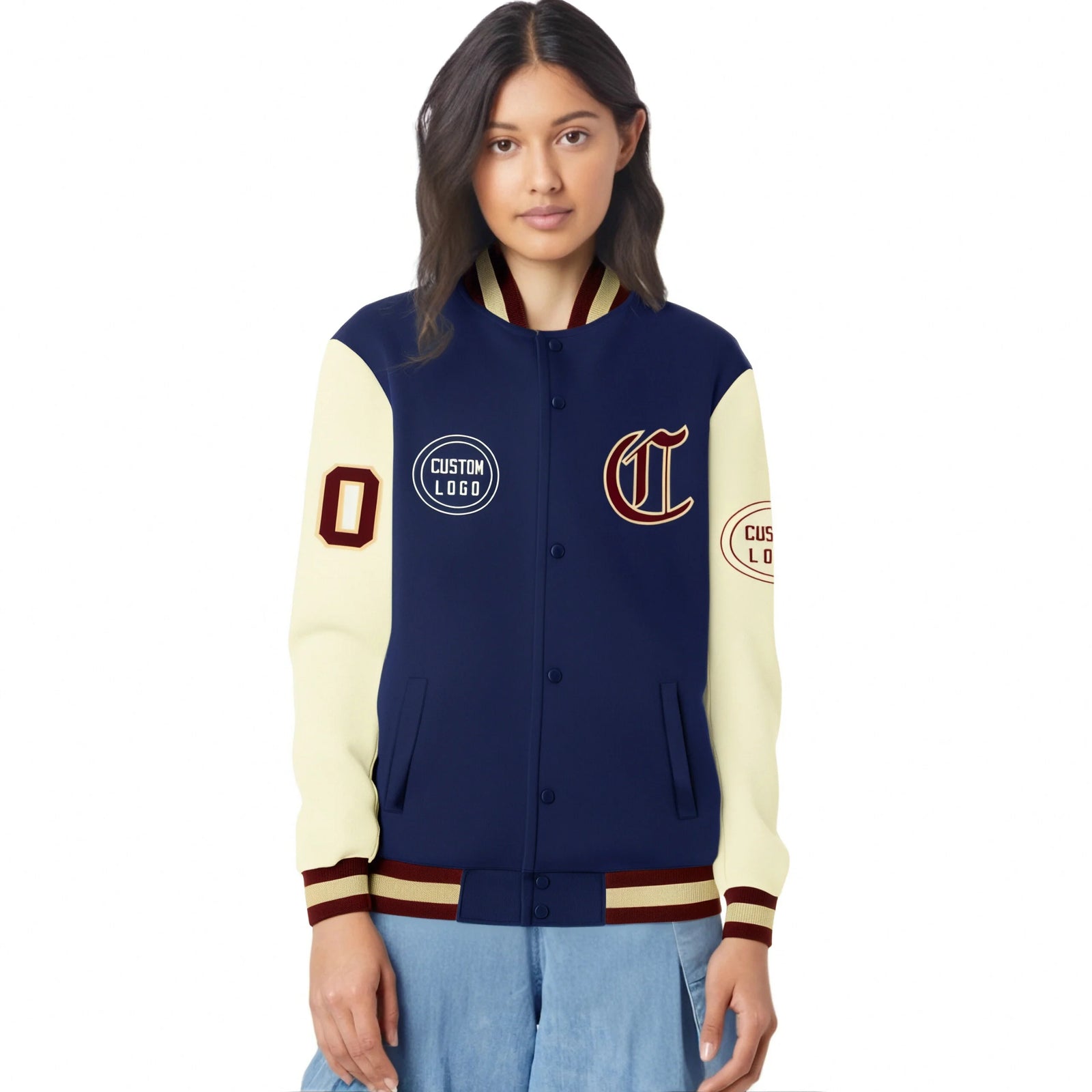 Custom Navy Cream Bomber Full-Snap Varsity Letterman Two Tone Jacket