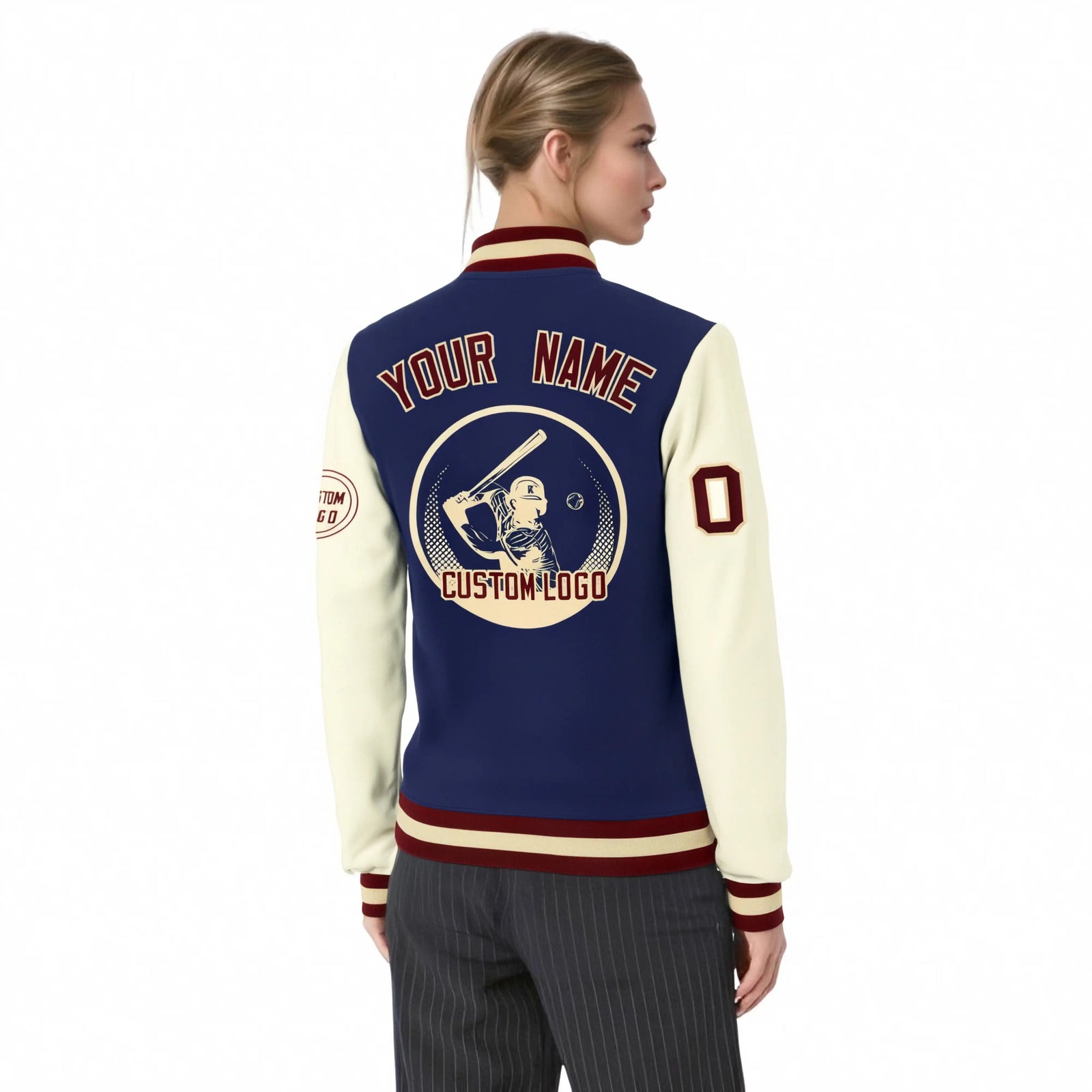 Custom Navy Cream Bomber Full-Snap Varsity Letterman Two Tone Jacket