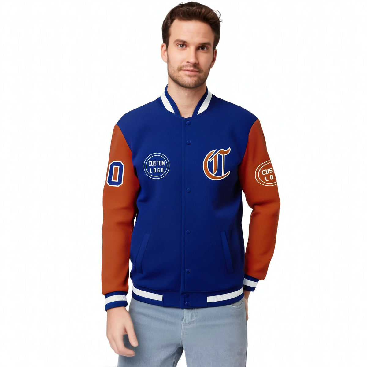 Custom Royal Blue Orange Bomber Full-Snap Varsity Letterman Two Tone Jacket