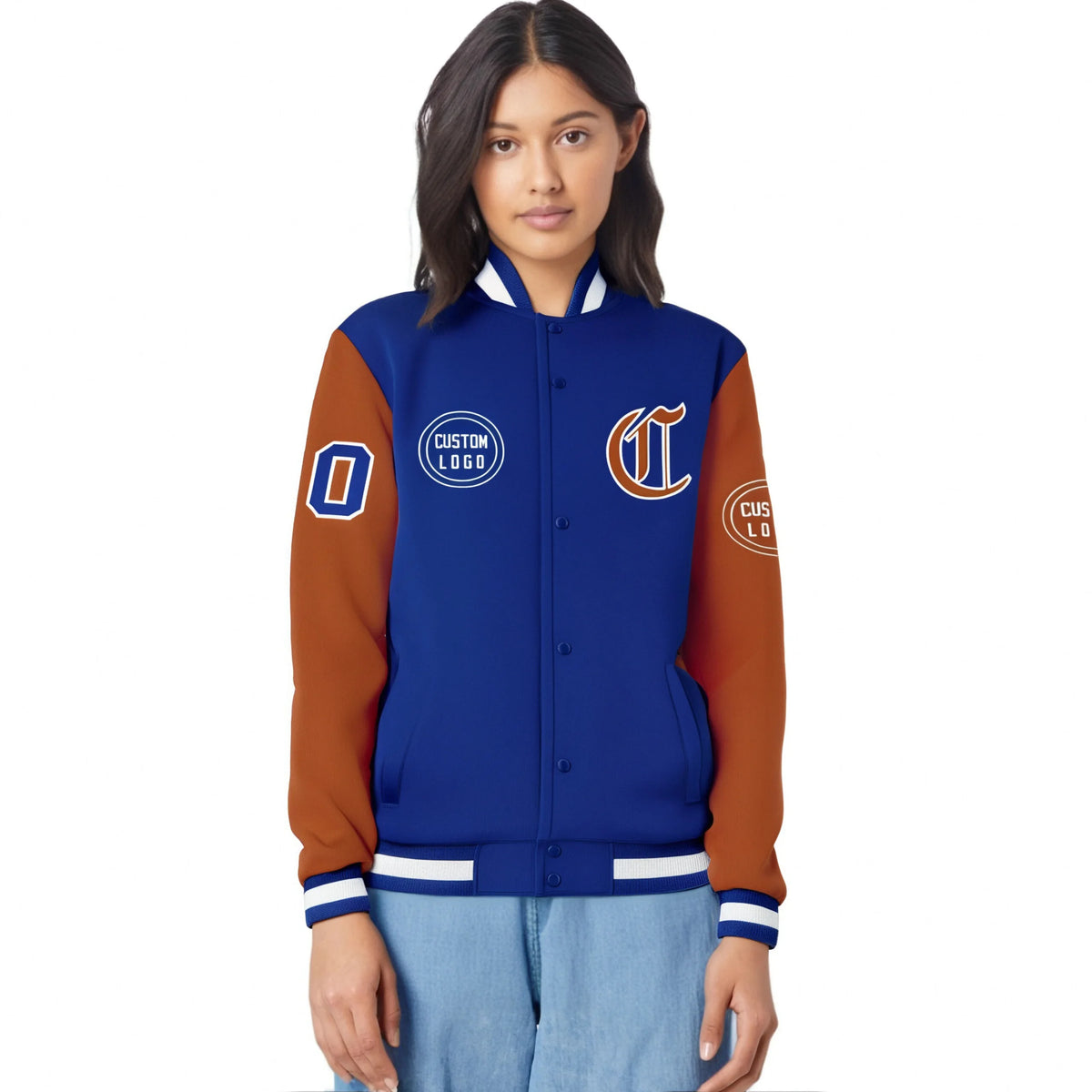 Custom Royal Blue Orange Bomber Full-Snap Varsity Letterman Two Tone Jacket