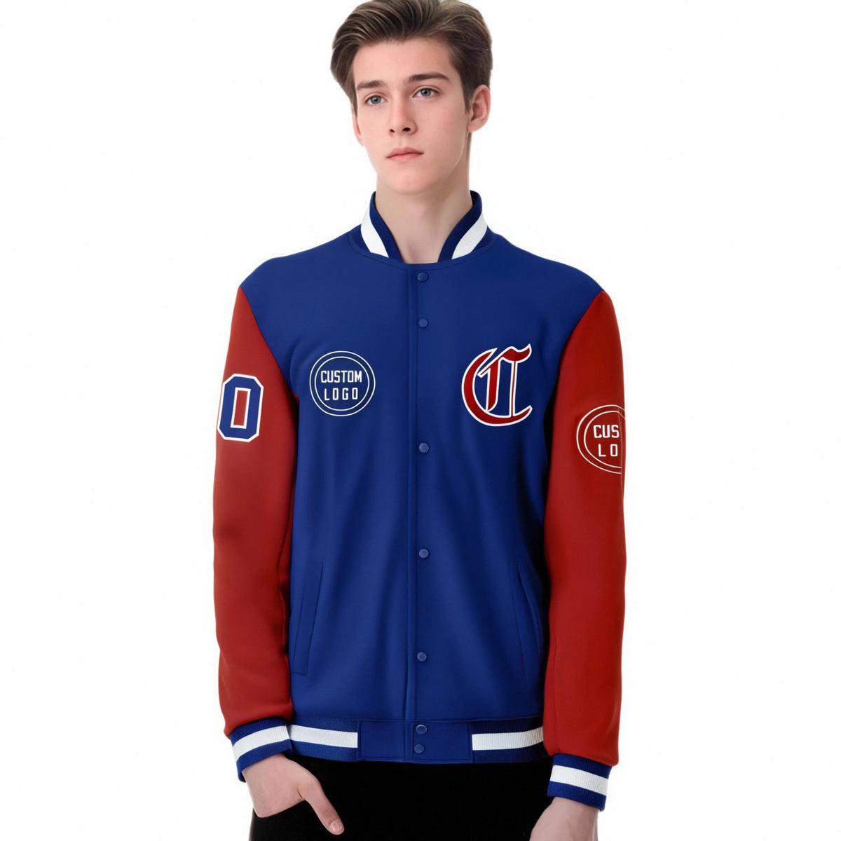Custom Royal Blue Red Bomber Full-Snap Varsity Letterman Two Tone Jacket
