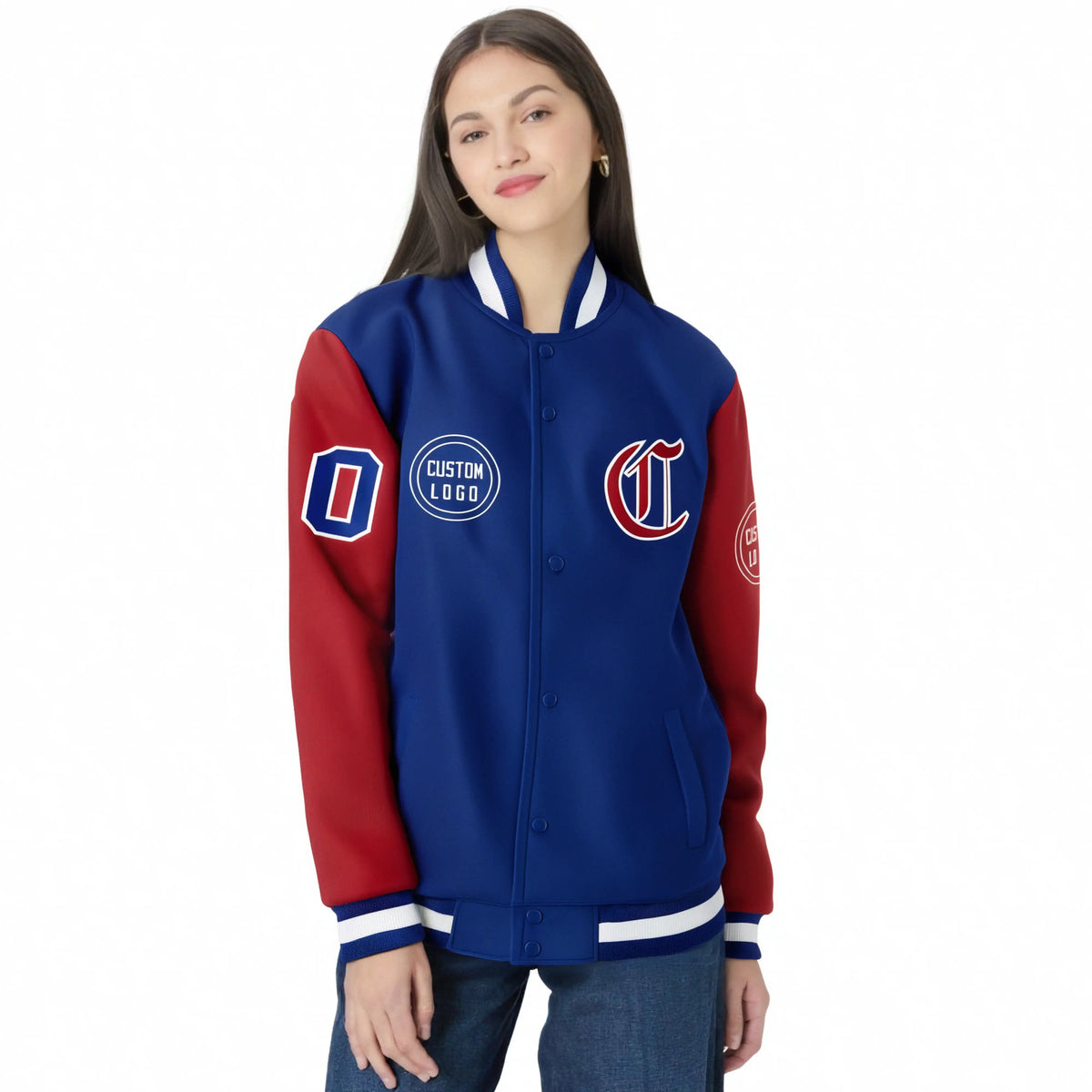 Custom Royal Blue Red Bomber Full-Snap Varsity Letterman Two Tone Jacket