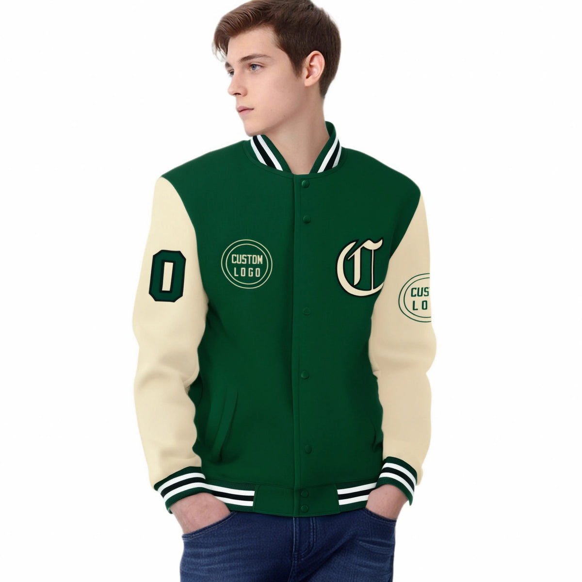 Custom Green Cream Bomber Full-Snap Varsity Letterman Two Tone Jacket