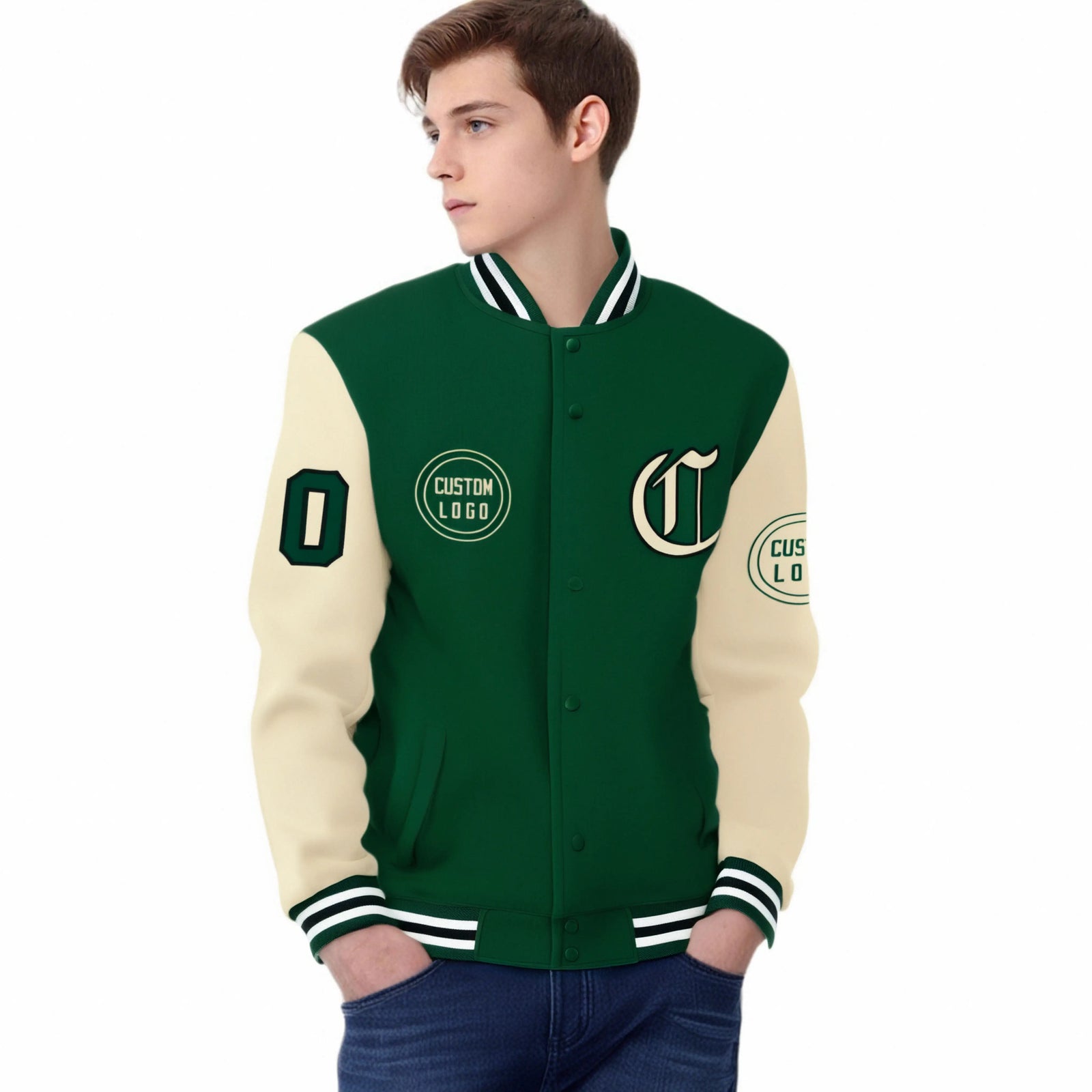 Custom Green Cream Bomber Full-Snap Varsity Letterman Two Tone Jacket