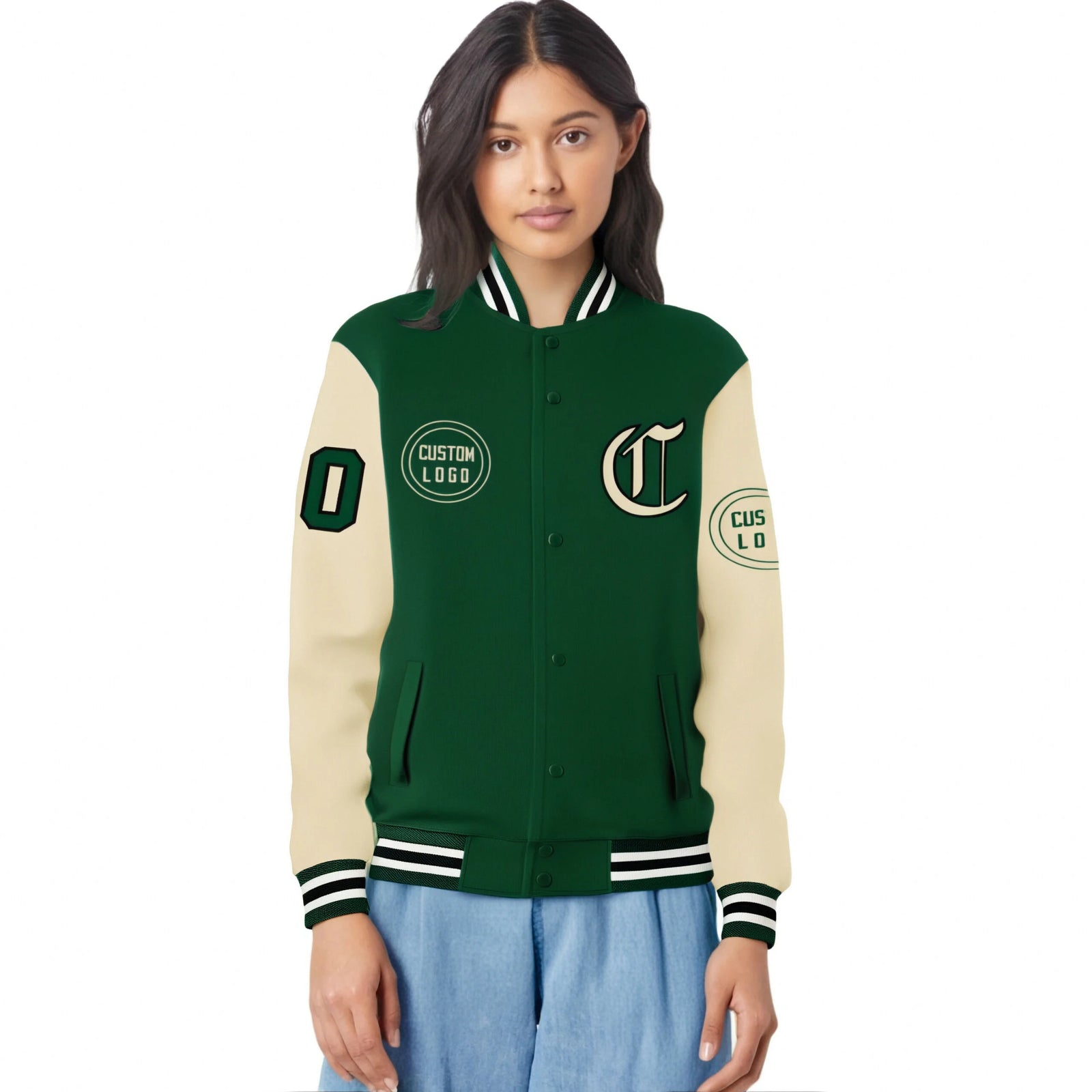 Custom Green Cream Bomber Full-Snap Varsity Letterman Two Tone Jacket
