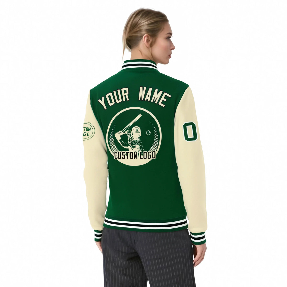 Custom Green Cream Bomber Full-Snap Varsity Letterman Two Tone Jacket