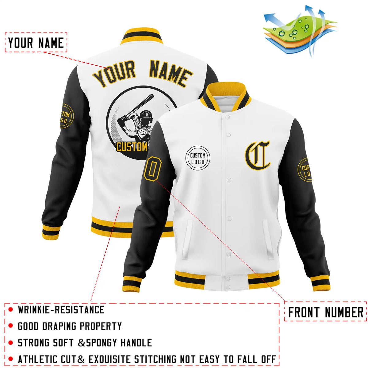 Custom White Black Bomber Full-Snap Varsity Letterman Two Tone Jacket