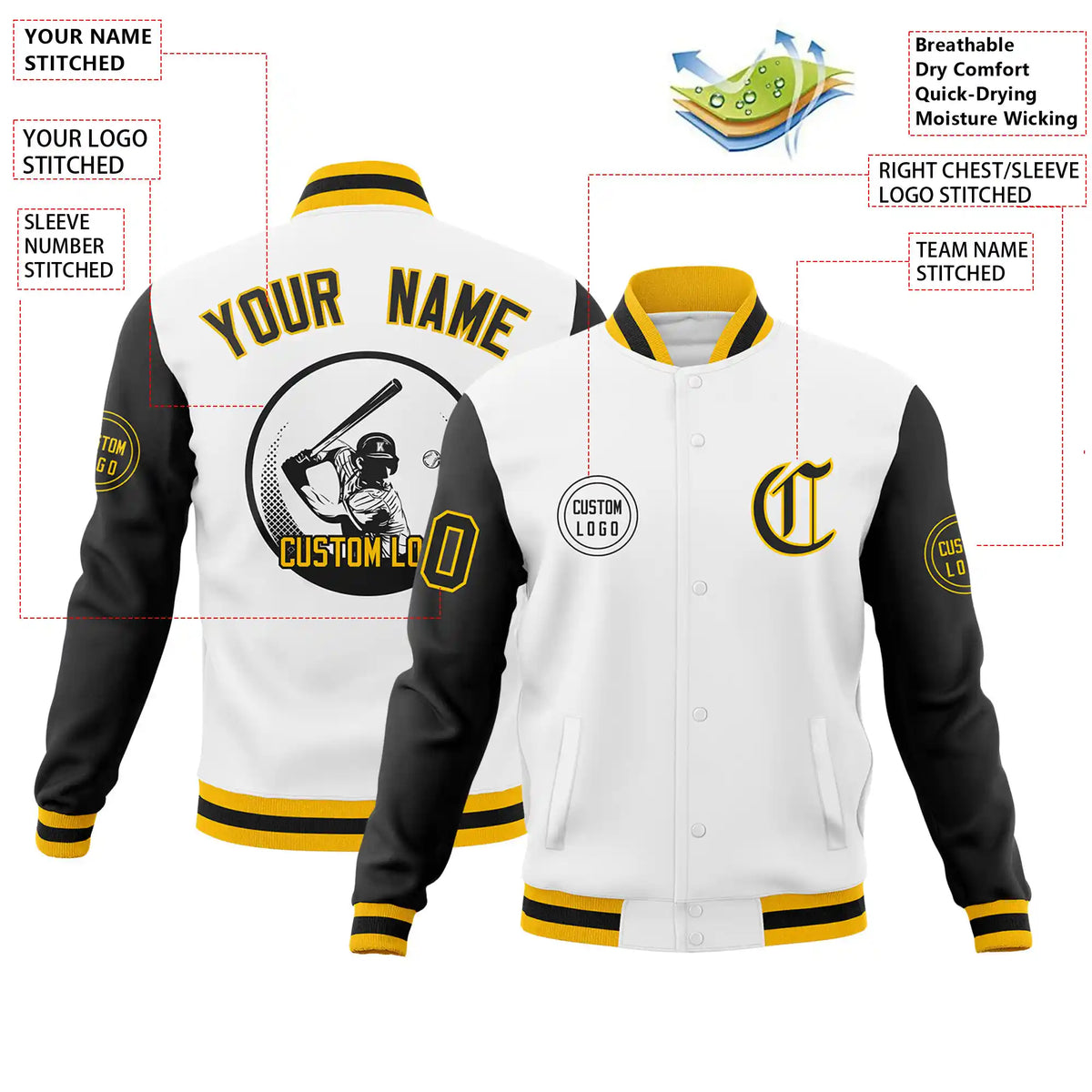 Custom White Black Bomber Full-Snap Varsity Letterman Two Tone Jacket