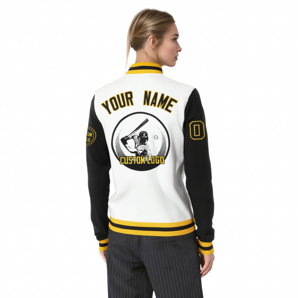 Custom White Black Bomber Full-Snap Varsity Letterman Two Tone Jacket