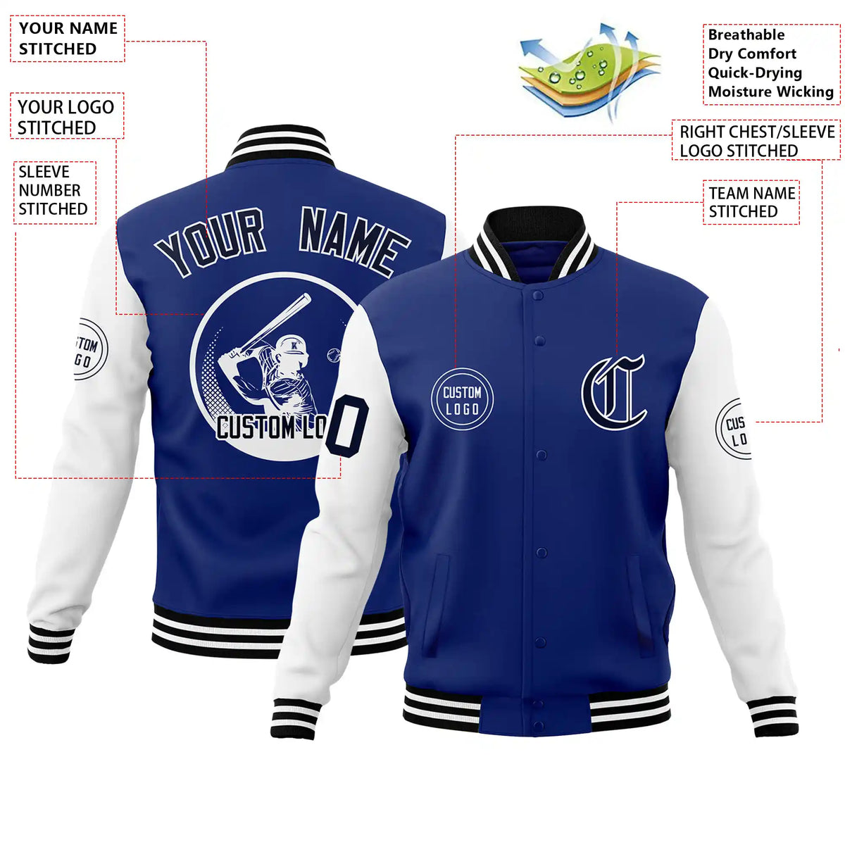 Custom Royal Blue White Bomber Full-Snap Varsity Letterman Two Tone Jacket