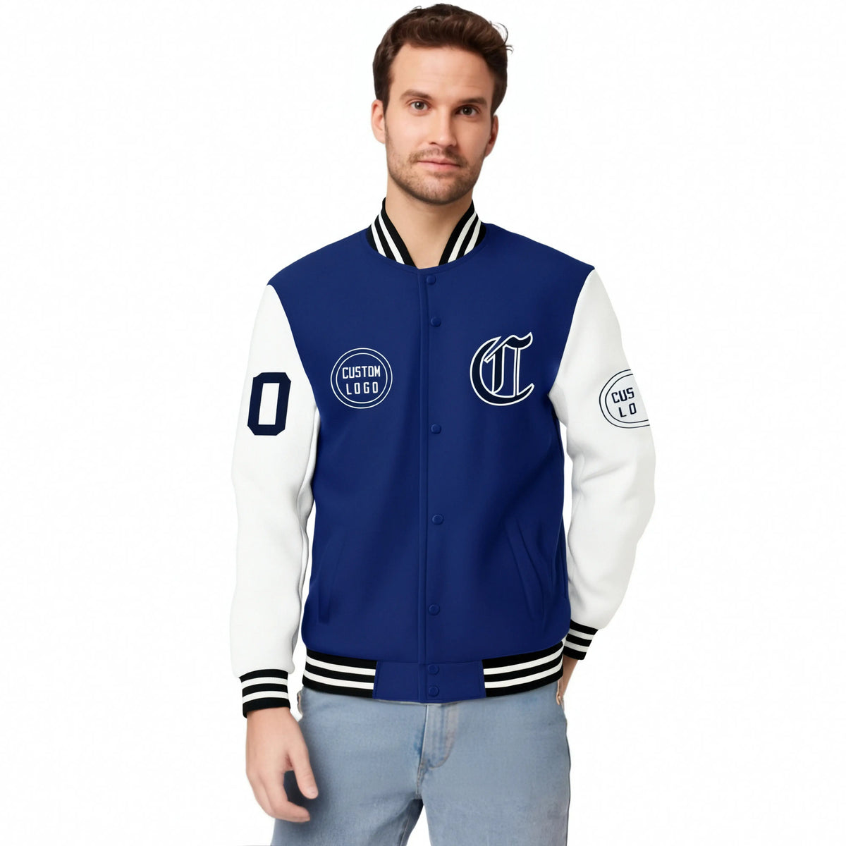 Custom Royal Blue White Bomber Full-Snap Varsity Letterman Two Tone Jacket