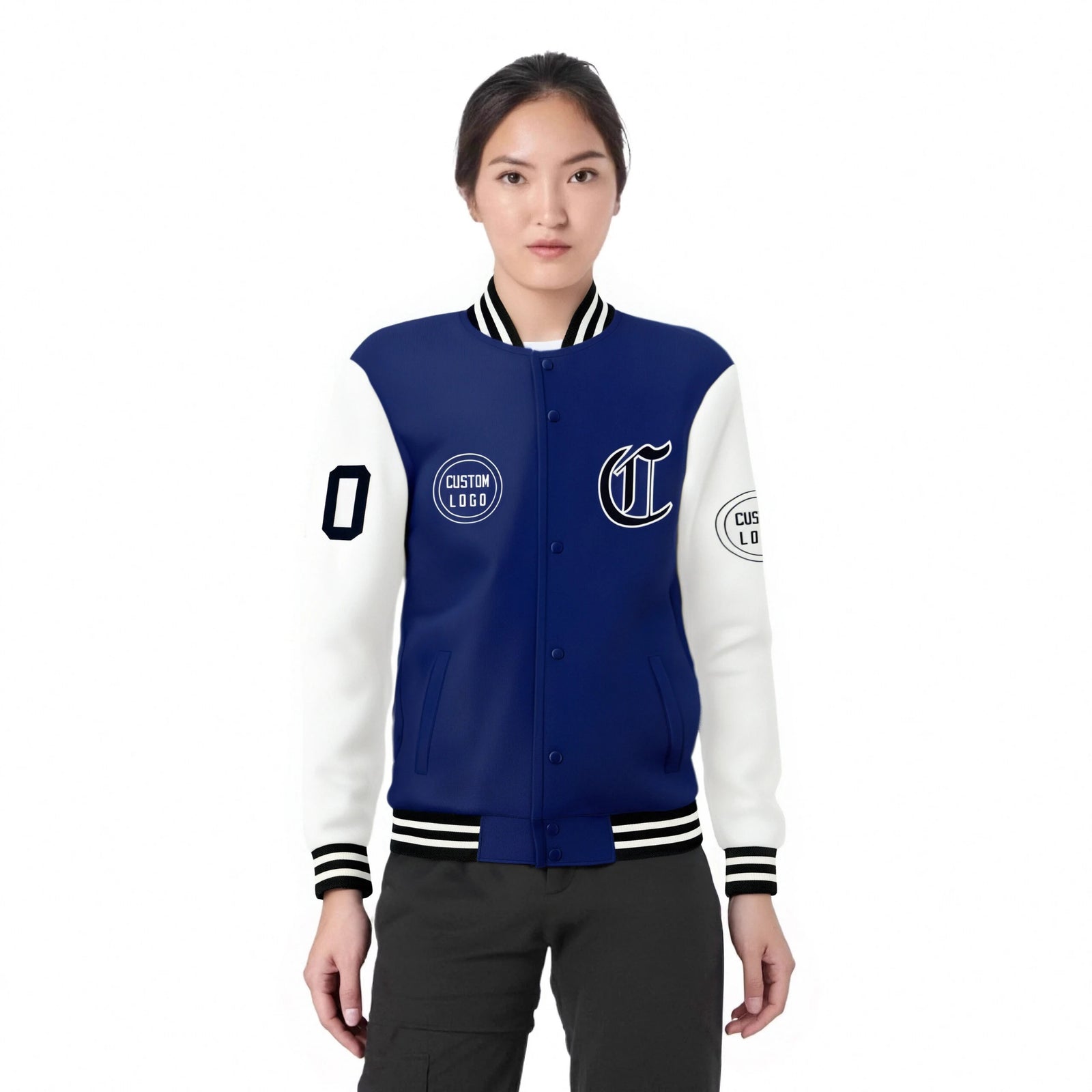 Custom Royal Blue White Bomber Full-Snap Varsity Letterman Two Tone Jacket