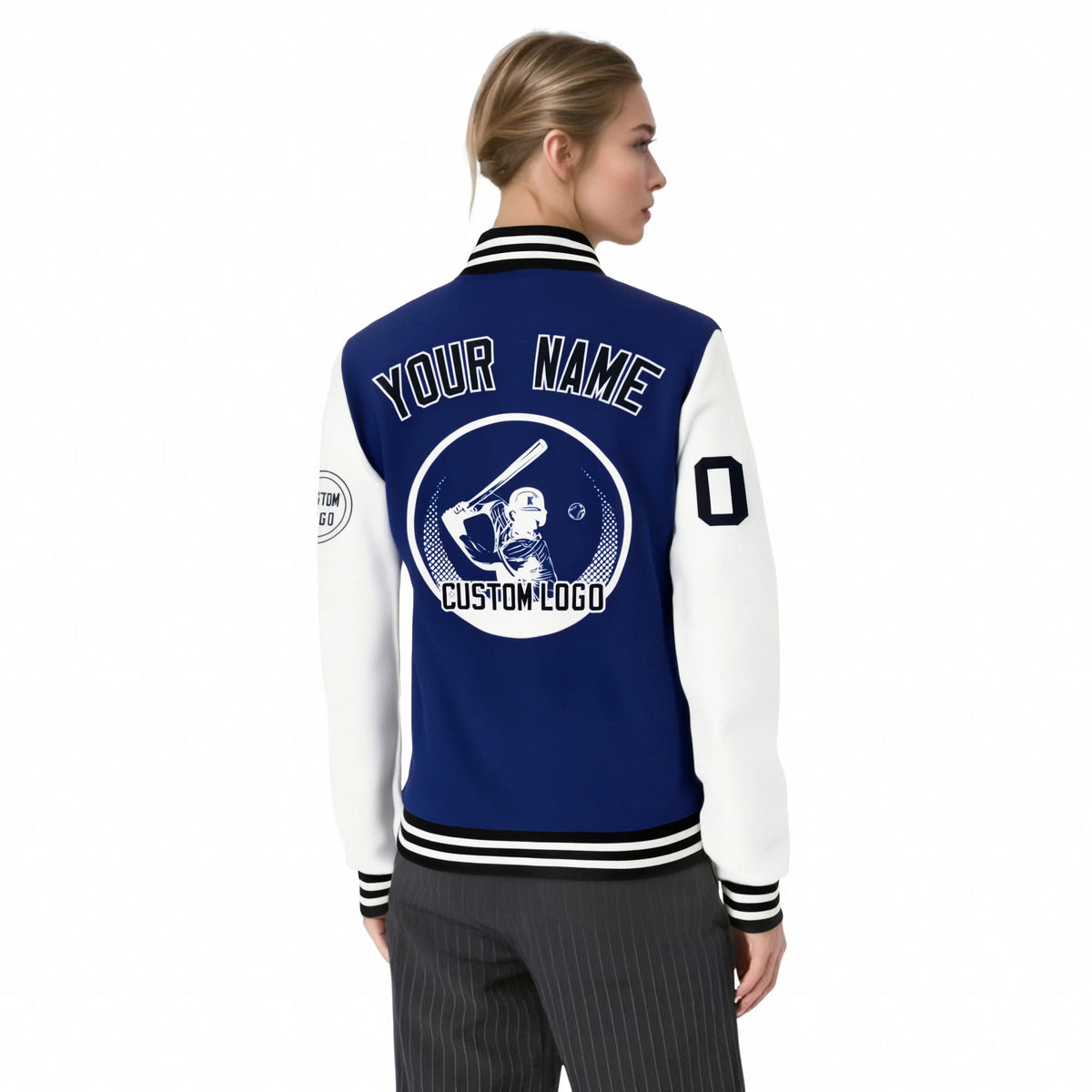 Custom Royal Blue White Bomber Full-Snap Varsity Letterman Two Tone Jacket