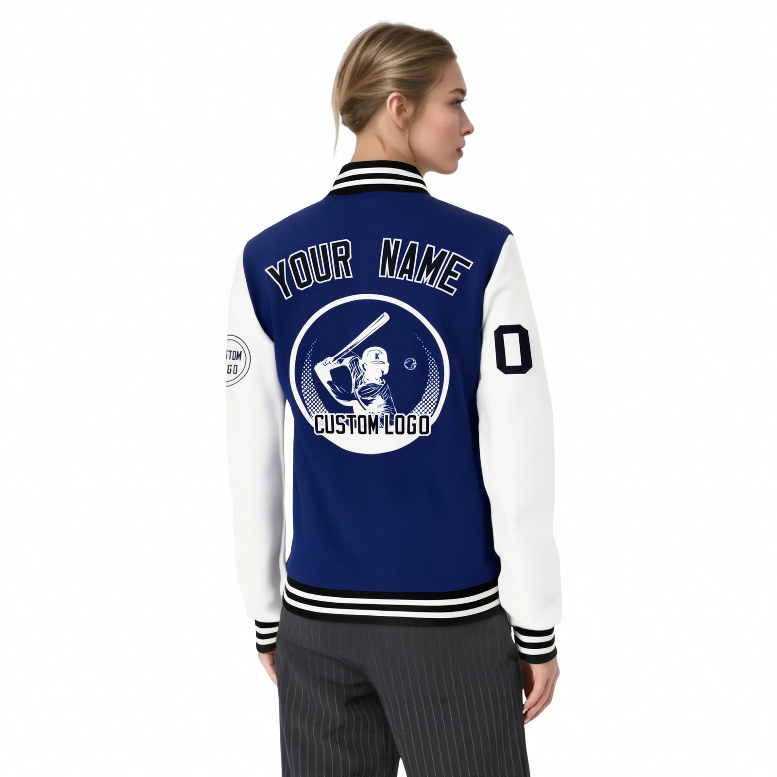 Custom Royal Blue White Bomber Full-Snap Varsity Letterman Two Tone Jacket