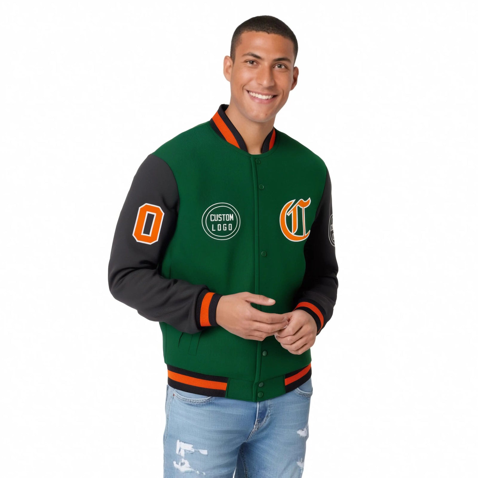 Custom Green Black Bomber Full-Snap Varsity Letterman Two Tone Jacket