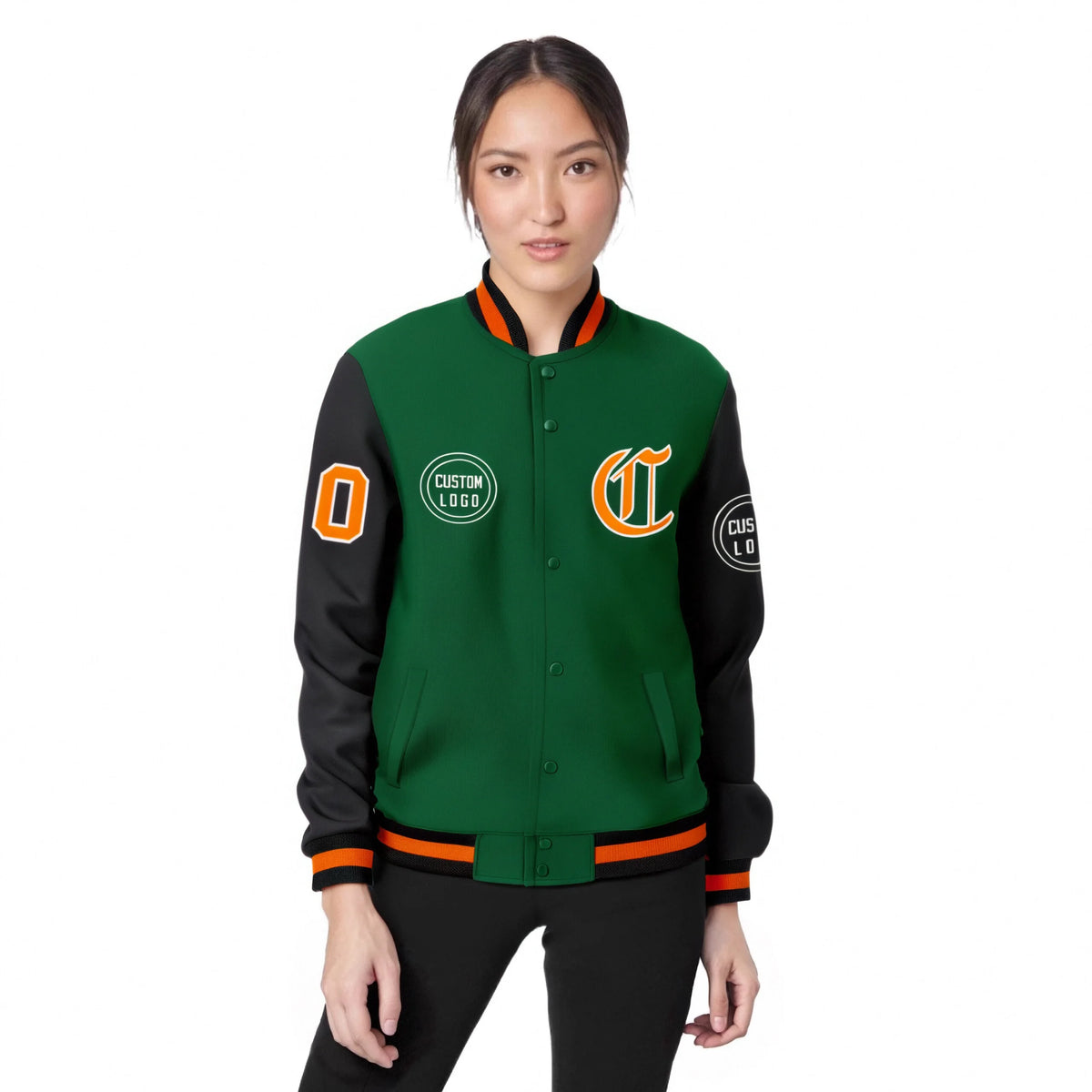 Custom Green Black Bomber Full-Snap Varsity Letterman Two Tone Jacket